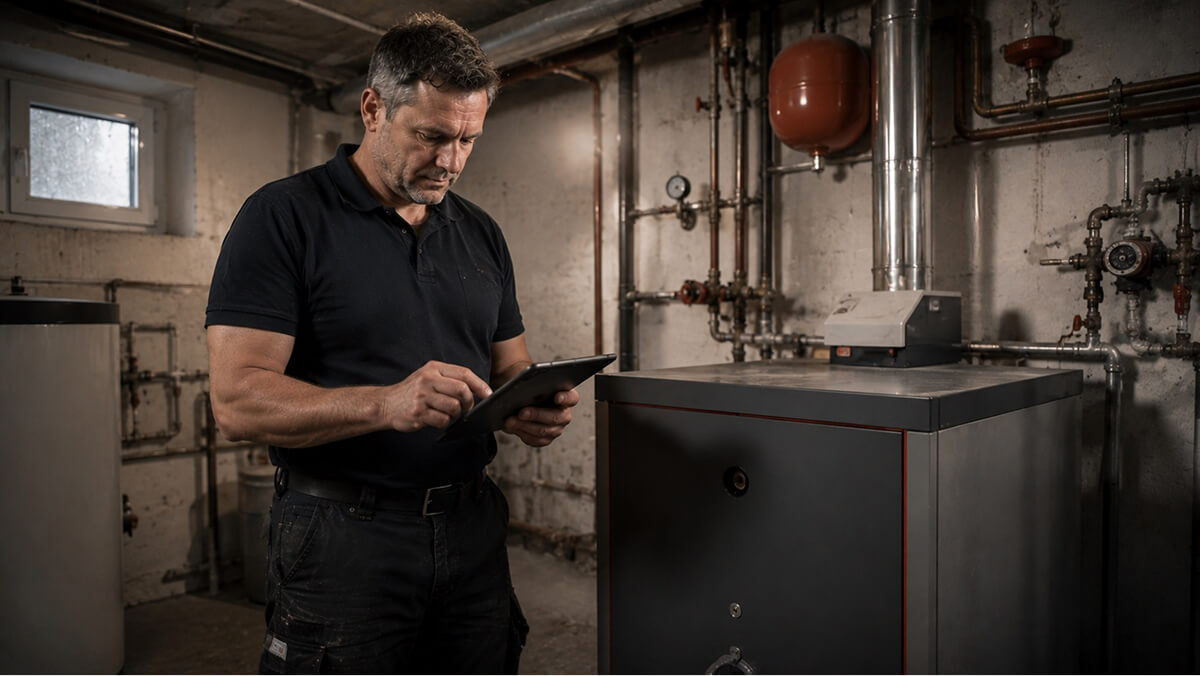 SHK-Handwerker kalkuliert Heizungsangebot auf dem Smartphone